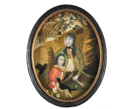 A pair of George III oval pastel, needlework and stump work pictures probably depicting a family group, one of a young man an
