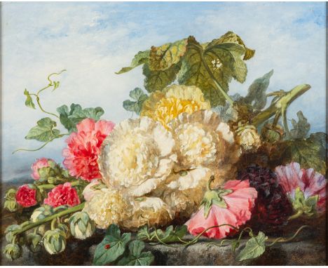 Martha Darlay Mutrie (British, 1824-1885) -Still life of flowers and pumpkin leaves, ladybird in the foreground -Oil on board