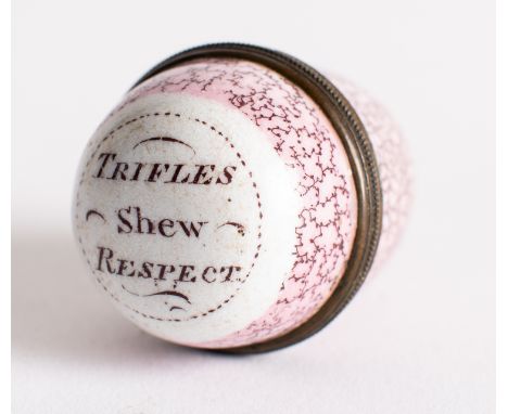 A South Staffordshire enamel egg-shaped nutmeg grater, late 18th century;  inscribed  'Trifles Shew Respect'; 4.5cm long