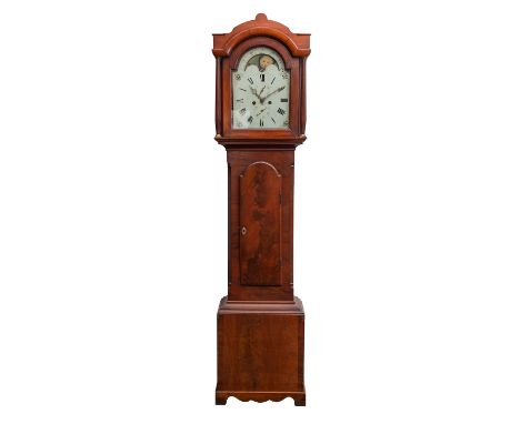 A mahogany eight-day moonphase longcase clock, having an eight-day duration movement striking the hours on a bell, the twelve