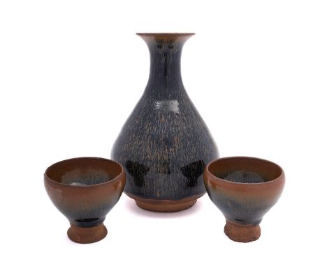 A Chinese 'Hares Fur' vase and two small cups, vase 19cm high.