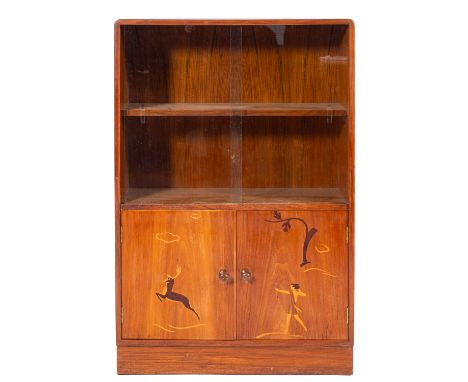 A walnut, marquetry and glazed bookcase in Art Deco style, probably Swedish and by Erik Mattsson, mid 20th century; with twin
