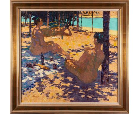 *George Devlin RSW RGI ROI ARWS FRSA (Scottish, 1937-2014) -Shared Intimacies (Bathers at St. Enchenzo) -Oil on canvas -78 x 