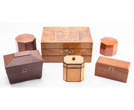 Four various modern tea caddies; comprising two octagonal thuya wood examples, 13 and 9cm high respectively; a satinwood exam