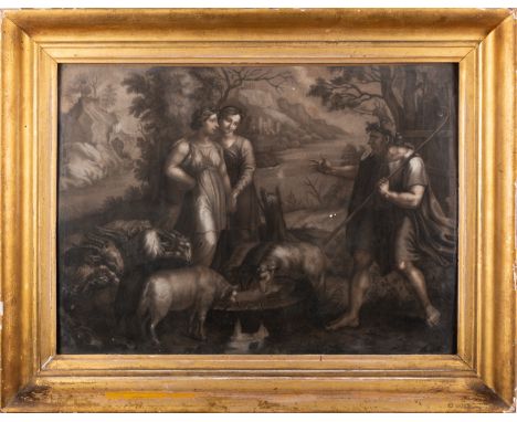 After Raphael (Italian, 1483-1520) -Jacob encounters Rachel and Leah at the well of Haran -Charcoal with highlights in white 
