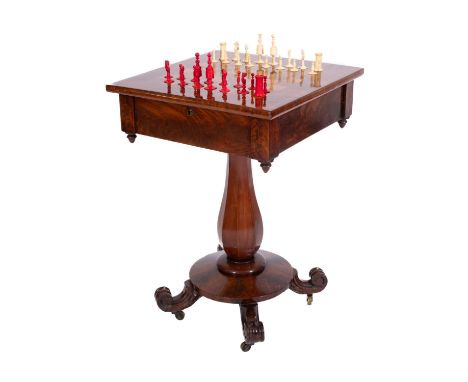 A Victorian mahogany games table, mid 19th century; the square top having chequered and lined inlay above a single drawer to 