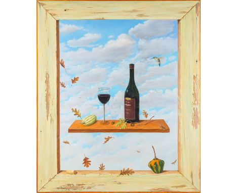 Leslie Folksman (American, Contemporary) -Still of wine, gourds and hummingbird in a trompe l'oeil frame -Oil on canvas -99 x