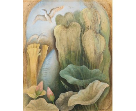*Phyllis Mary 'Billie' Waters (British, 1896-1979) -Exotic garden with birds in flight -Charcoal, pastel and gouache (unframe