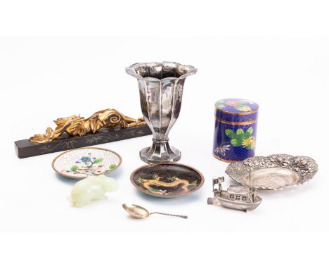 A mixed lot of Oriental and other works of art comprising two small cloisonne dishes, a similar box and cover, a jade model o