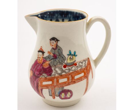 A First Period Worcester sparrow beak jug painted in the 'Conjurer' pattern with two figures at a table watching an elderly m