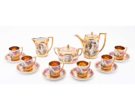An Austrian Rosenthal porcelain cabaret set in the Vienna manner, early 20th century decorated with transfer-printed panels o