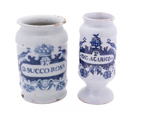 Two Dutch blue and white delftware drug jars, 18th century each painted with an ornate cartouche, one inscribed 'D.Succo:Rosa