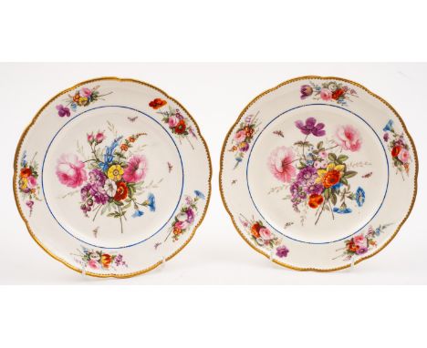 A fine pair of Nantgarw plates of lobed circular form, each painted in London with a central large floral bouquet and scatter