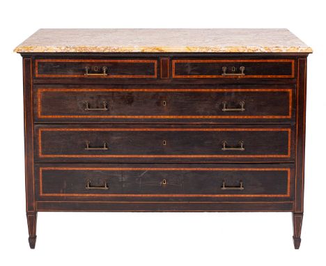 A French ebonised and crossbanded wood and marble topped commode, in Directoire taste, early 20th century; the mottled ochre,