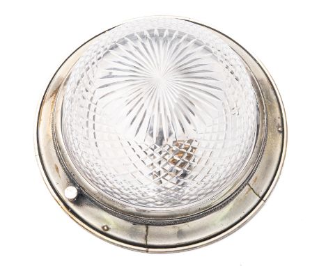 A cut glass and silver-plated metal mounted plafonnier, second quarter 20th century; the domed, star and hobnail cut shade he