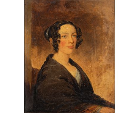 A pair of portraits, British School, 19th Century -A portrait of a young lady, seated, wearing a light blue dress and brown c