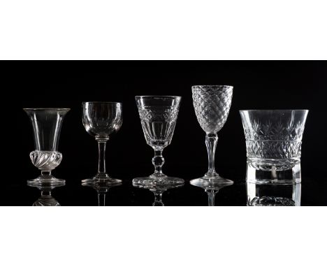 An opaque twist wine glass, together with a collection of glassware including a rummer etc. 
