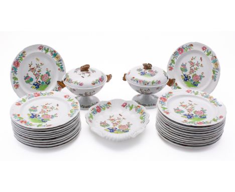 A Spode 'New Stone' chinoiserie part dessert service, early 19th century transfer printed in the Chinese famille rose style w