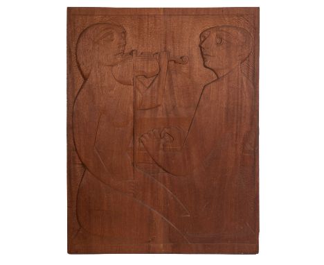 Oliver O'Connor Barrett (1908-1987), A relief carved and stained wood depiction of musicians, portrayed nude, comprising a fe