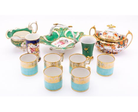 A mixed lot of early 19th century English porcelain comprising a set of six Barr, Flight & Barr Worcester coffee cans; a bask