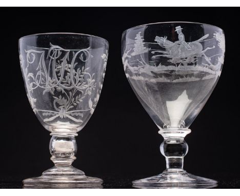 Two glass rummers, one engraved with an encircling fox hunting scene, 15.5cm high, the companion with a hollow stem containin