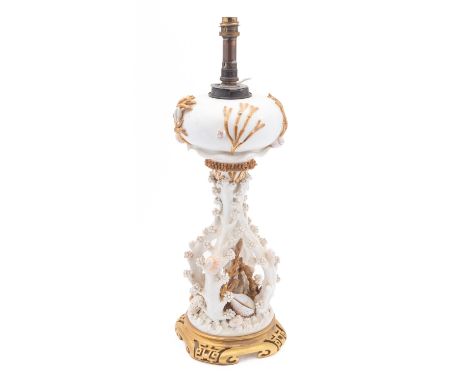 A large Moore Bros. porcelain table lamp, circa 1880-90 the central openwork column in the form of coral branches, shells and