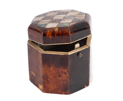 A George III tortoiseshell, abalone and ivory banded tea caddy, circa 1800; of octagonal section, the slightly domed and hing