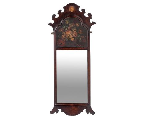 A painted and walnut framed trumeau mirror in George I taste, early 20th century;  the arched and fret-cut top with parcel-gi