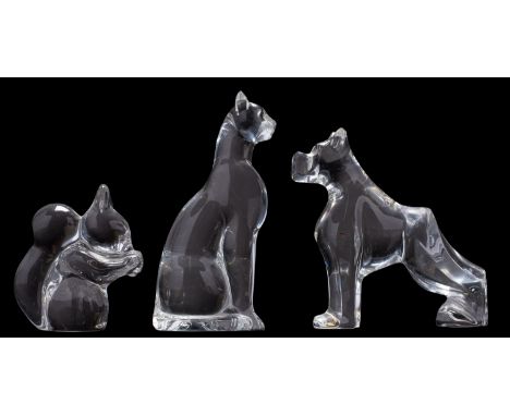 Five Baccarat crystal animals, comprising two elephant groups, a dog, cat and squirrel, acid etched marks, tallest 