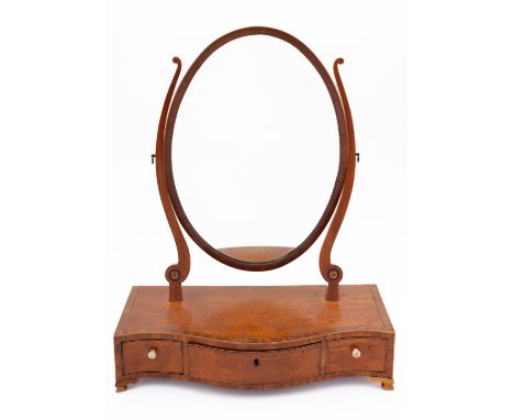 A George III satinwood and crossbanded dressing table mirror, late 18th century; the angle adjustable oval plate held in twin