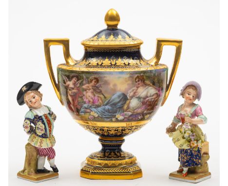 An Austrian outside decorated porcelain vase and cover, of flattened two handled form painted with a pair of cherubs playing 