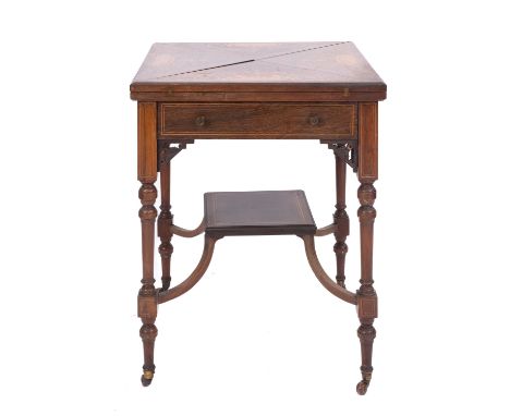 A Victorian rosewood and marquetry envelope card table, late 19th Century; the four hinged leaves with floral semi paterae an