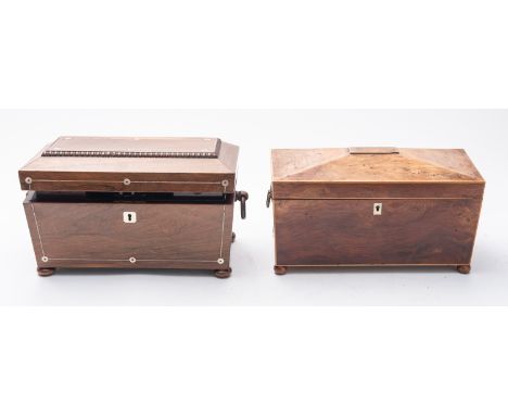 Two Regency sarcophagus form tea caddies, early 19th century; the burr yew example with inlaid sycamore strung edges, an inse