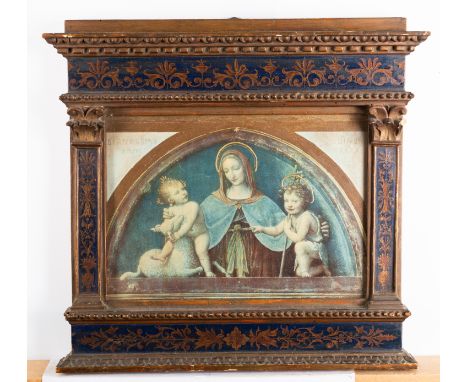 After Bernardino Luini, the Madonna and Child with Saint John, a print set into a carved, painted and parcel giltwood taberna