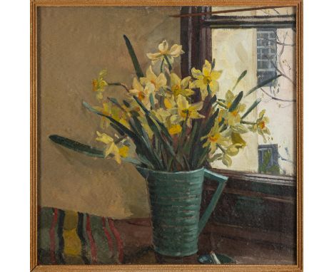 Elsie M Baker (British, 20th Century) - Still life with a vase of daffodils - Oil on canvas-board - 45 x 45cm - Inscribed to 