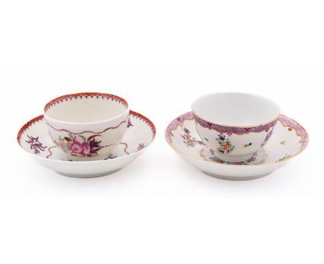 Two First Period Worcester teabowls and saucers decorated in Chinese Export style with flower sprays and sprigs, one with puc