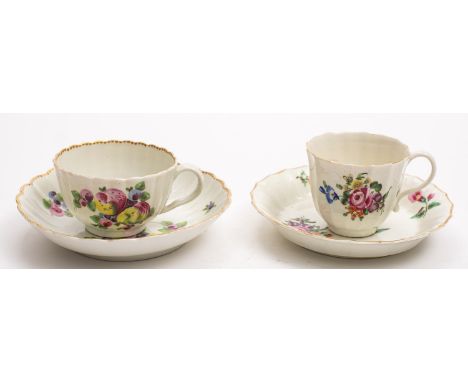A First Period Worcester teacup and saucer and one similar both of fluted form, the first painted with 'spotted fruit', circa