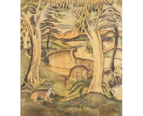 *Phyllis Mary 'Billie' Waters (British, 1896-1979) -Deer in a Glade -Charcoal and pastel -69 x 60.5cm - 86 x 77.5cm framed -S