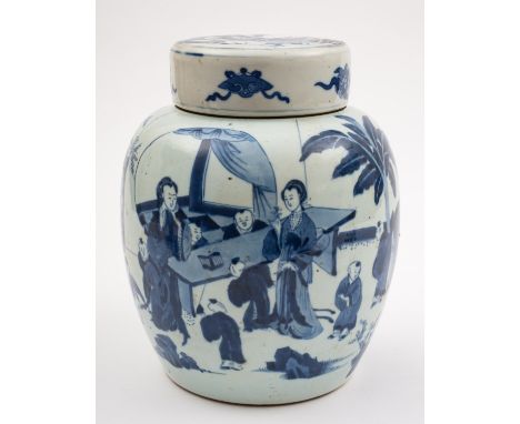 A Chinese blue and white 'Boys' jar and cover, late Qing dynasty painted with boys playing on a terrace and in a fenced garde