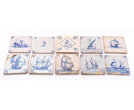 A group of ten Dutch blue and white delftware tiles, 18th century comprising seven painted with merchant and other sailing ve
