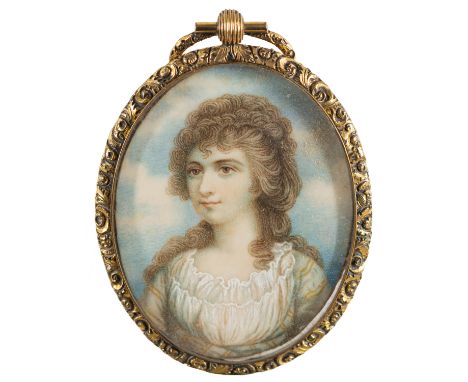 Follower of Richard Cosway (British, 1742-1821) -Miniature portrait of a lady in a white ruffled dress, against the backdrop 