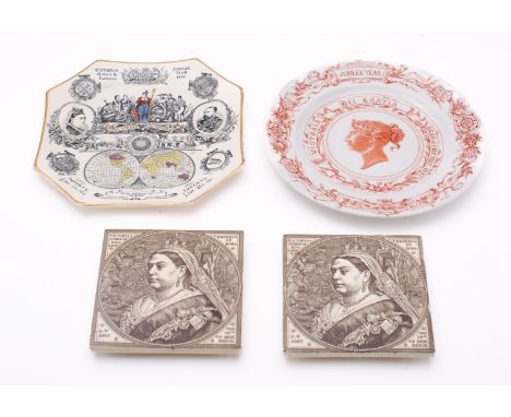 Four Queen Victoria 1837-1887 Jubilee commemorative items comprising a Royal Worcester pottery dish, printed mark and date co
