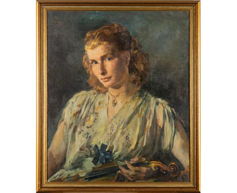 Julie Augusta Haase-Werkenthin (German, 1882-1960) -Portrait of Sabine Kegebein holding a violin -Oil on canvas -68 x 57cm -S