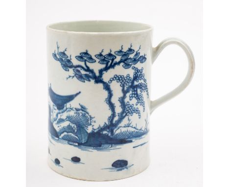A First Period Worcester blue and white mug of cylindrical form with grooved loop handle, painted in 'The Angler' pattern of 