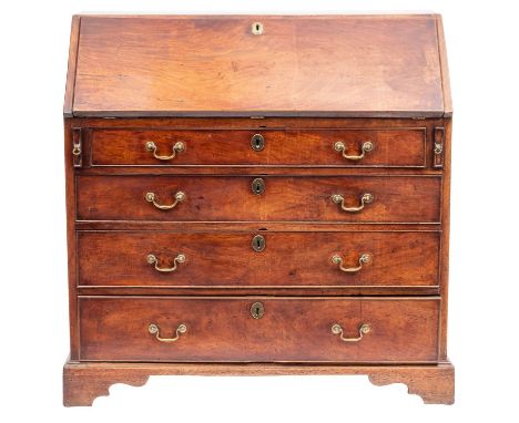 A George III mahogany bureau, last quarter 18th century, the sloping hinged fall enclosing a fitted interior with small drawe