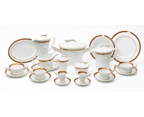 Rosenthal, Versace, 'Medaillon Meandre Marron' pattern porcelain dinner service for twelve settings, to include soup bowls, t