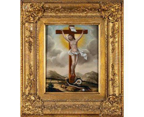 A Chinese reverse glass painting of The Crucifixion depicting Christ on the cross, a banner inscribed 'Inri' above, a snake c