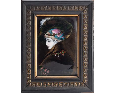 J.Laurens, a Continental enamelled copper depiction of a maiden, late 19th century; portrayed bust length from behind, her fa