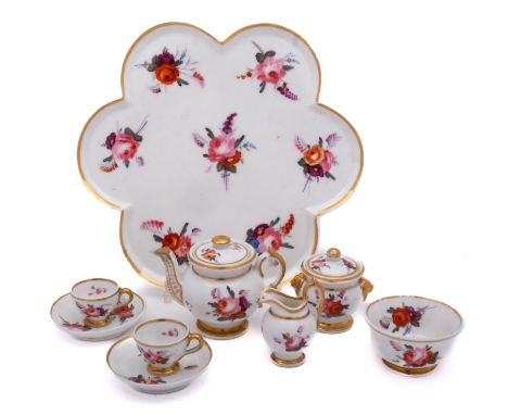 A Chamberlains Worcester porcelain toy tea service comprising a tray, teapot  and cover [spout repaired], sucrier, cream jug,