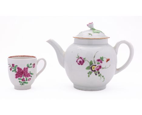 A First Period Worcester polychrome teapot and cover and a similar coffee cup both painted with flower sprays, circa 1780, te
